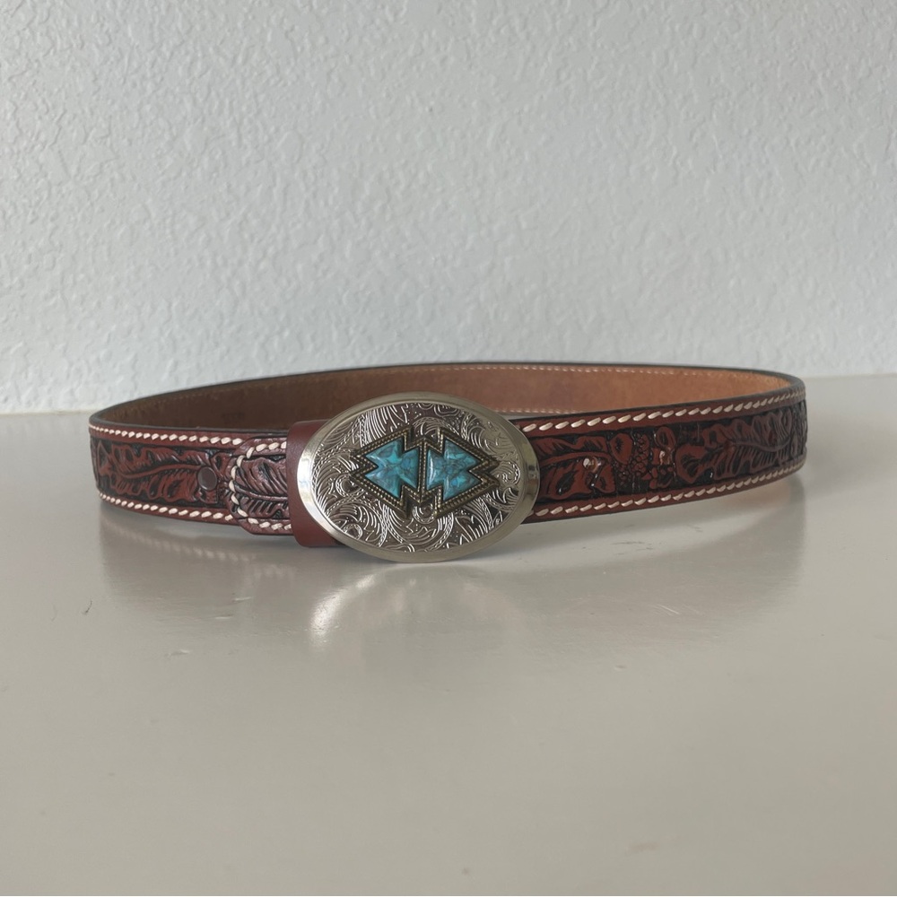 🤠 TOOLED  LEATHER BELT WITH SILVER & TURQUOISE BUCKLE 🌵